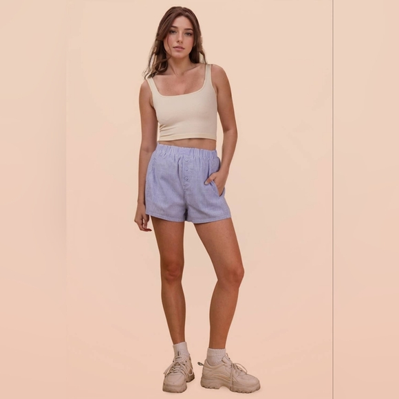 Very J Pants - Very J Newim Blue White Striped High Waisted Shorts Fully Lined Pockets Boxer L